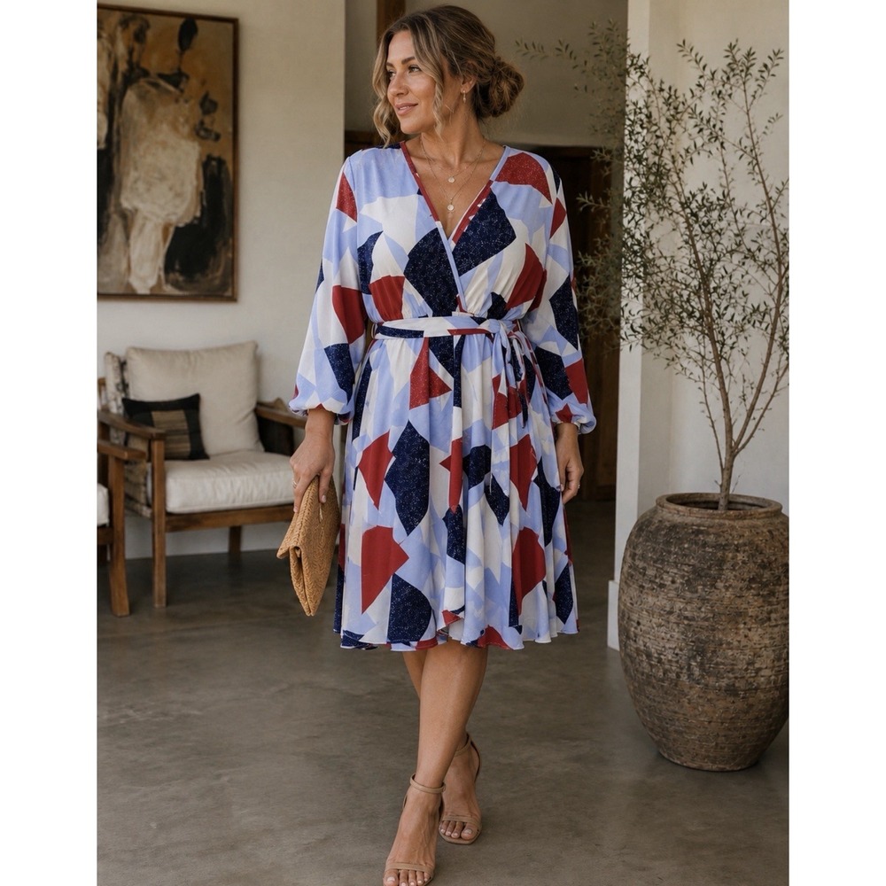 Shein Curve Faux Wrap Dress Sz 0XL XL Deep V Neck Surplice Tie Belt Waist Geo